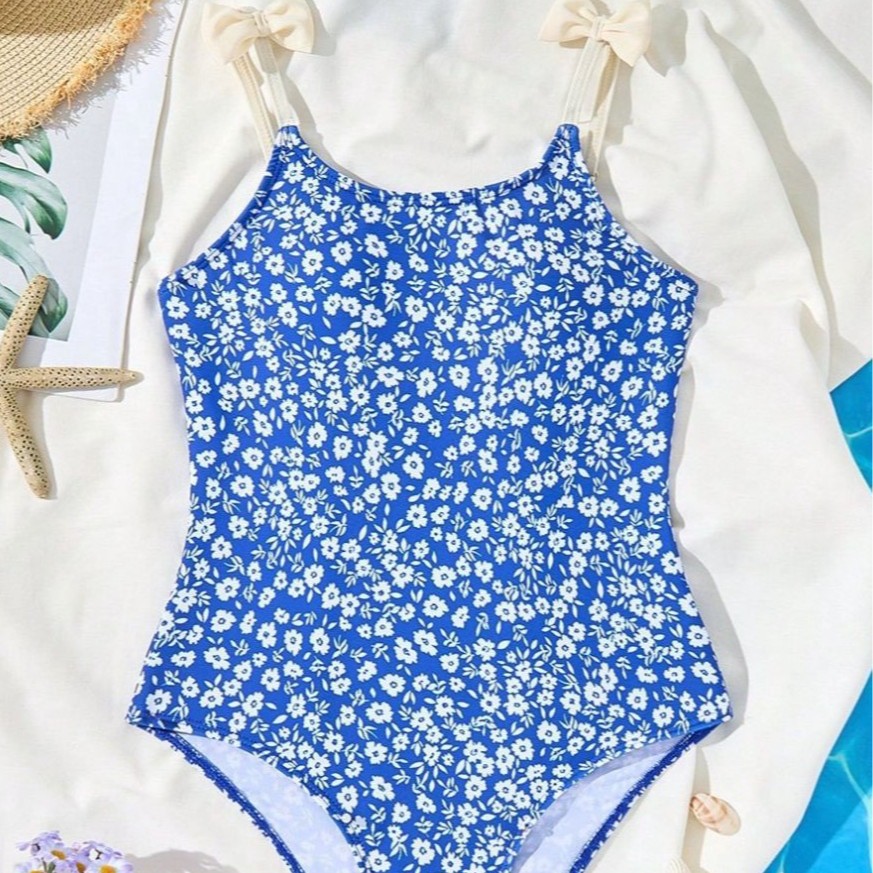 Einteiliger Badeanzug mit Blumenmuster für Mädchen, niedliches Dreiecksmuster, verspielter Stil, Sommerbademode für größere Kinder im Alter von 3-11 Jahren_voghion.com