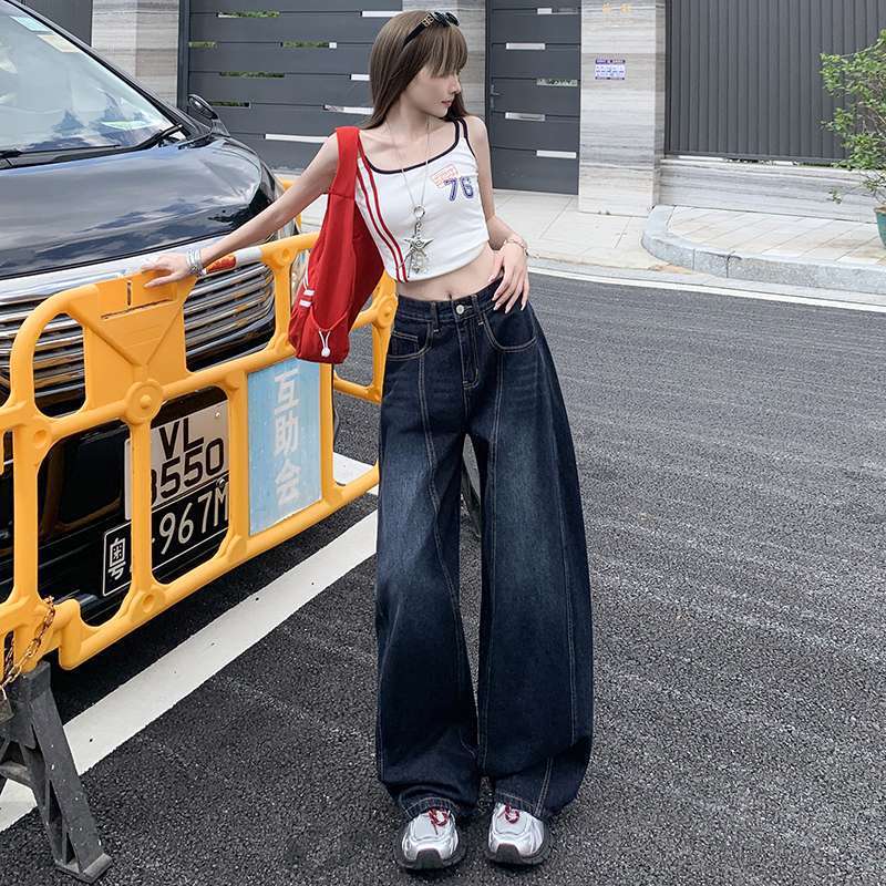 批发美式复古刺绣弯刀阔腿牛仔裤女高腰直筒宽松拖地裤代发|undefined