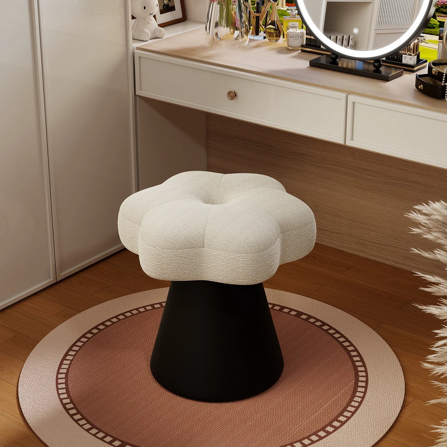 High-end dressing table with a rotating stool, suitable for home use in a dressing room or bedroom, a makeup stool for women, and a shoe-changing sofa stool