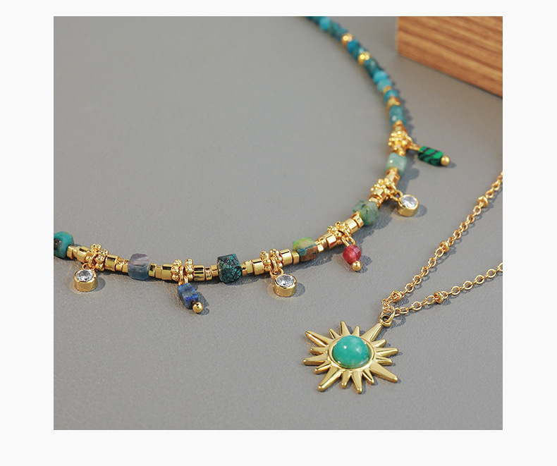 Linglang Natural Malachite Beaded Necklace Boho Style 18K Gold-plated Layered Necklace Natural Stone Jewelry