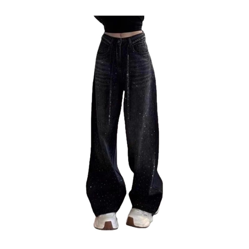 Glam Distressed Wide-Leg Jeans For Women – Dark Gray Star & Diamond Embellished Denim Pants (S-2XL)_mkmklike.com