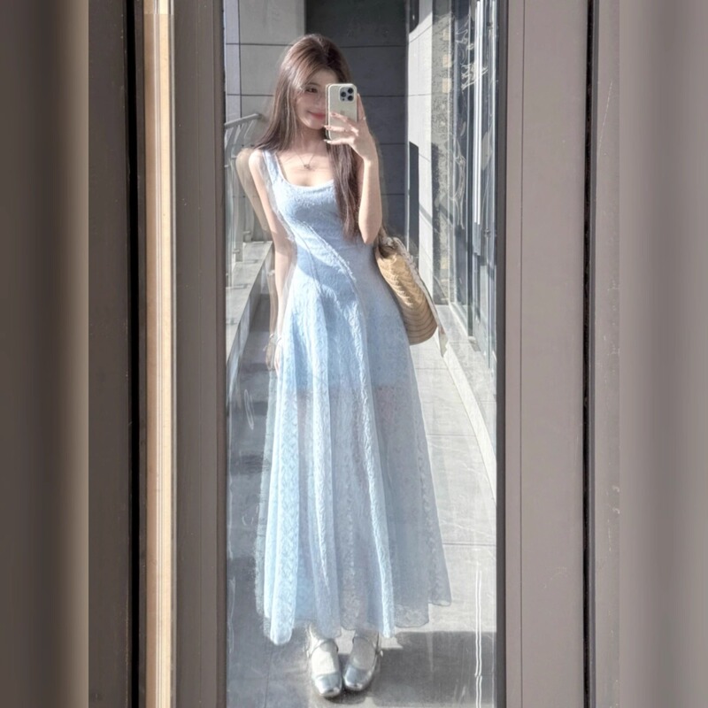 French Blue Gentle Style Square Neck Suspender Dress for Women 2025 Summer Vacation Style Slim Mesh Mid-Length Skirt