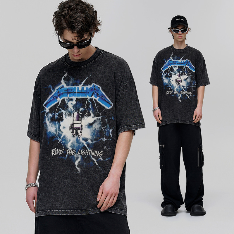 METALLICA American Style Retro Wash Short-sleeved T-shirt Men's Summer Heavy-duty Half-sleeved Men's Loose Puffy Handsome Printed T-shirt