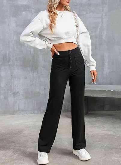 Women's High-Waisted Straight Leg Pants With Multiple Pockets - Stretch Comfort Casual Trousers For Everyday Wear_ecoleips.com