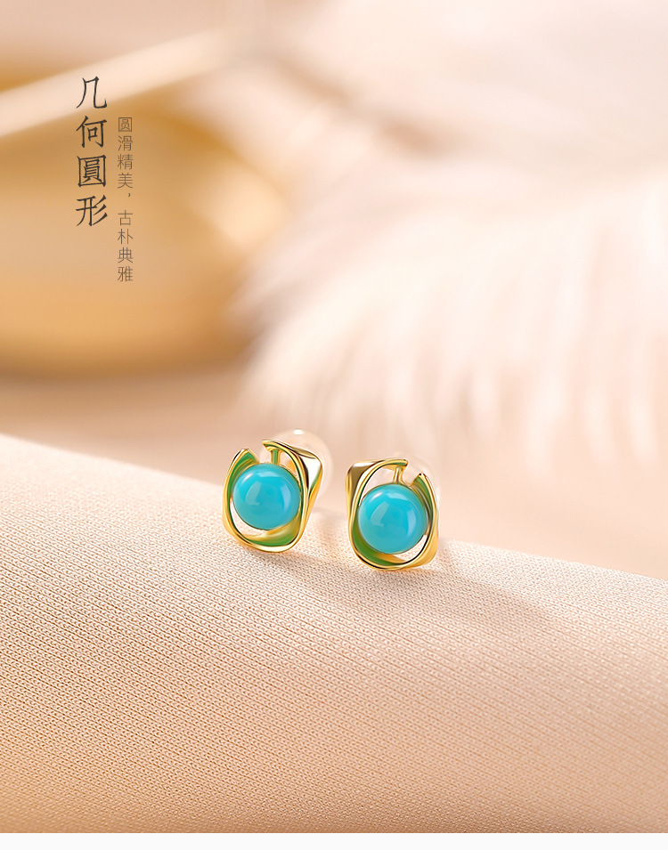 Khuyên tai bạc S925 mạ vàng đính đá turquoise hình học cá tính — Cặp đôi chi tiết 2