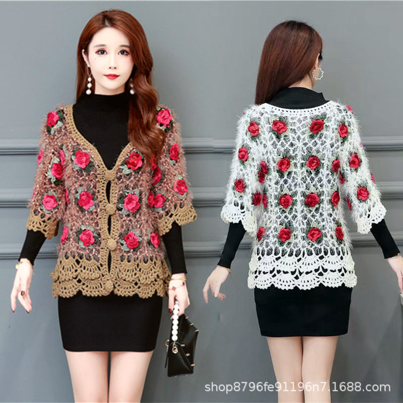 春秋新款系扣镂空开衫女玫瑰花勾花外套显瘦针织衫镂空外搭针织衫