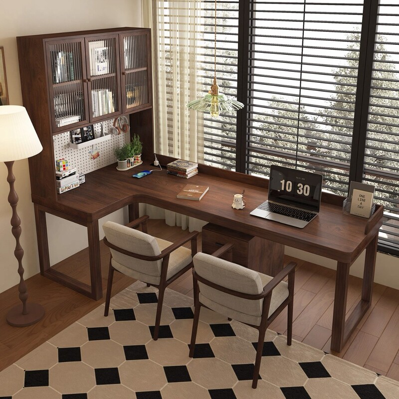 Retro Solid Wood Corner Desk Bookcase Bedroom Home L-Shaped Computer Desk Corner Office Study Desk Walnut Color Retro Solid Wood Corner Desk Bookcase Bedroom Home L-Shaped Computer Desk Corner Office Study Desk Walnut Color