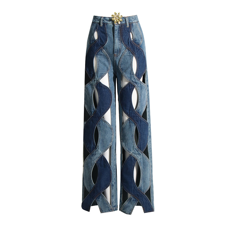 Pantalones de pierna ancha retorcidos personalizados para mujeres 2024 principios de primavera nueva cintura alta recta suelta adelgazamiento diseño pantalones vaqueros