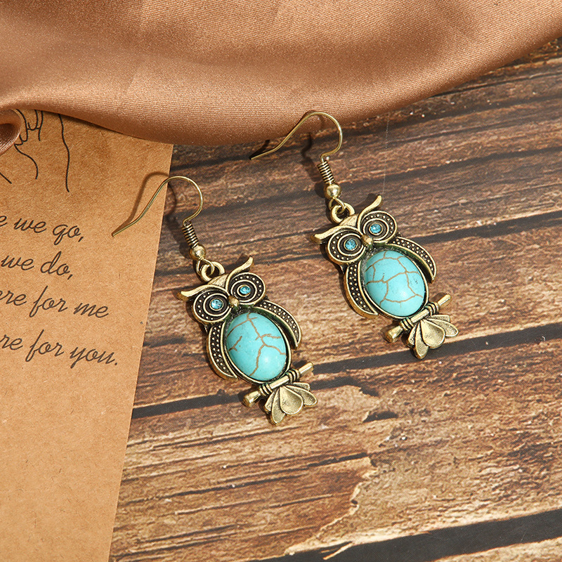 New European and American turquoise earrings retro owl factory direct earrings