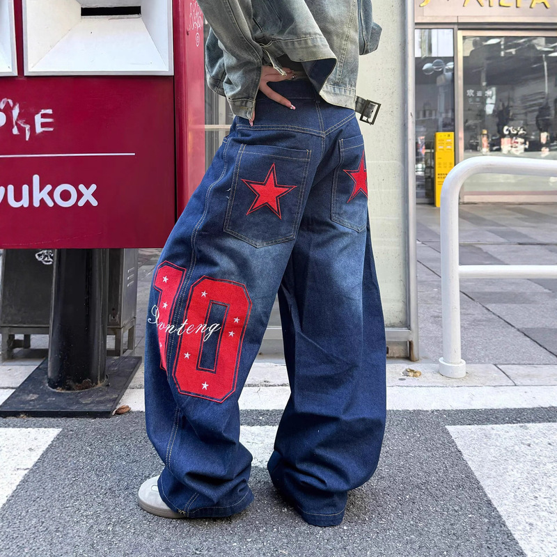 Vintage Hip-Hop Digital Star Embroidered Jeans for Women, Autumn Design, Loose Straight Wide-Leg Jazz Scimitar Pants
