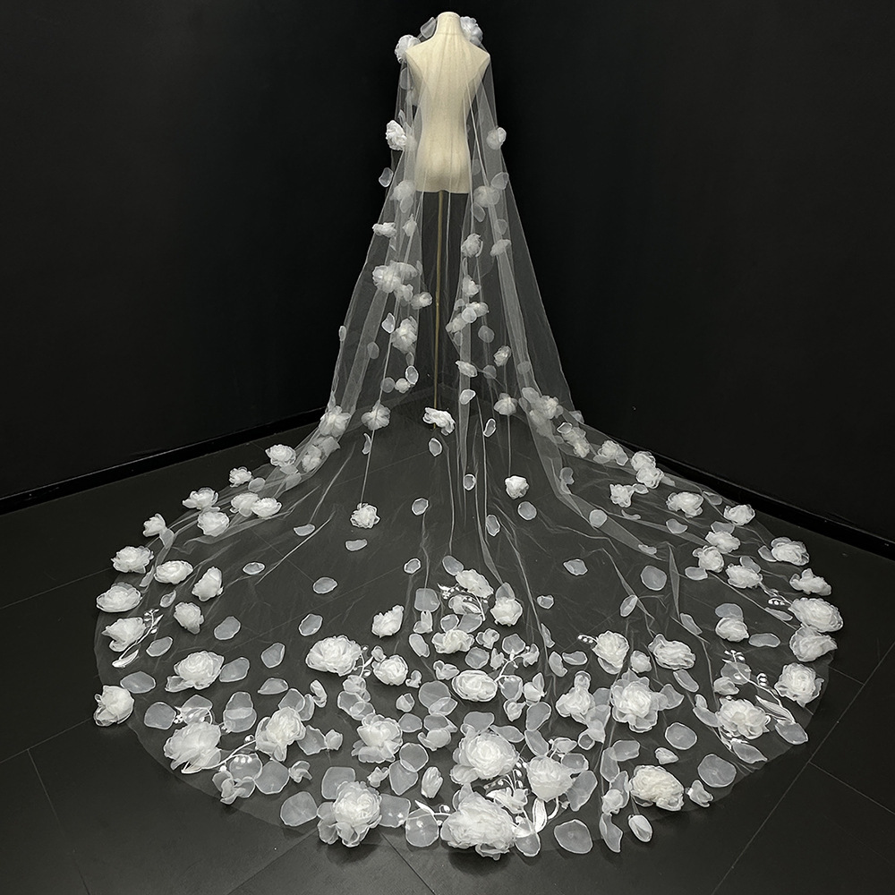White Bridal Veil with Long Train and Floral Embellishments