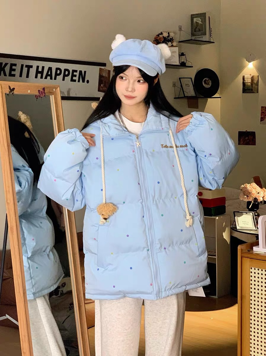 Bonito oso ondulado punto chaqueta de algodón encapuchado hembra 2024 invierno nuevo tipo grueso cálido pequeño chaqueta de algodón suelta