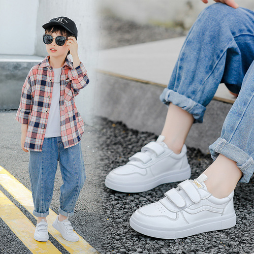 Boys' sneakers spring and autumn new style  white Korean style breathable girls' sneakers soft sole cowhide white shoes wholesale