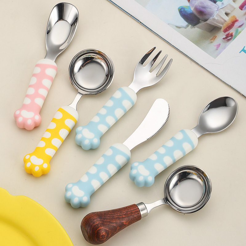 Cat Claw Children's Tableware 304 Stainless Steel Knife, Fork and Spoon Baby Independent Eating Training Spoon Creative Portable Tableware