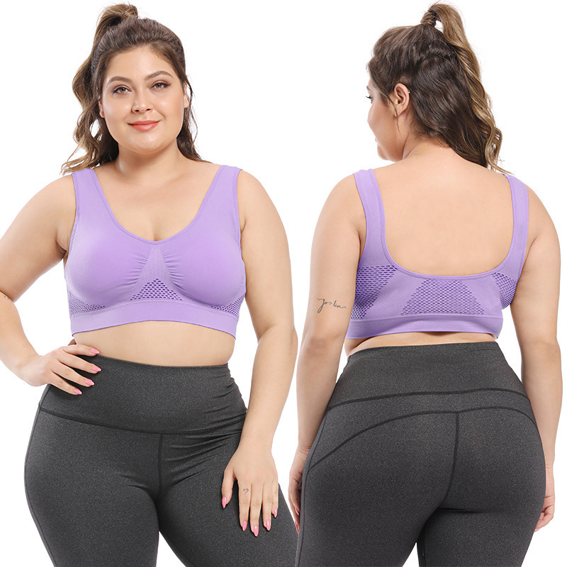 Sujetador deportivo de malla hueca agujero transpirable Sujetador deportivo inalámbrico a prueba de golpes yoga correr más ropa interior de tamaño para las mujeres