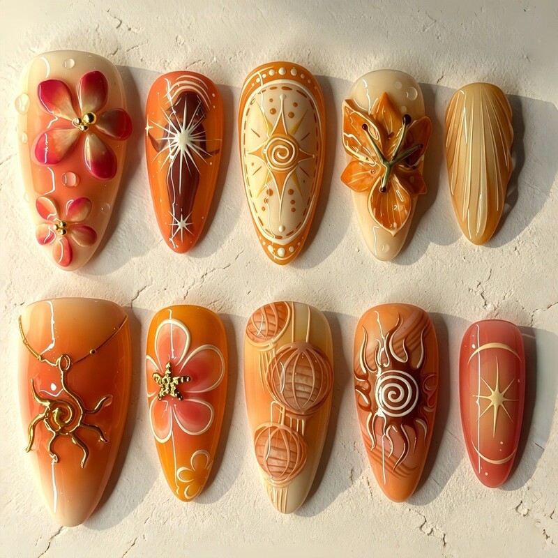 30 pieces of new summer nail art in pink and orange floral designs, handmade wearable nails, wholesale, gentle and fresh nail patches, high quality 30 pieces of new summer nail art in pink and orange floral designs, handmade wearable nails, wholesale, gentle and fresh nail patches, high quality