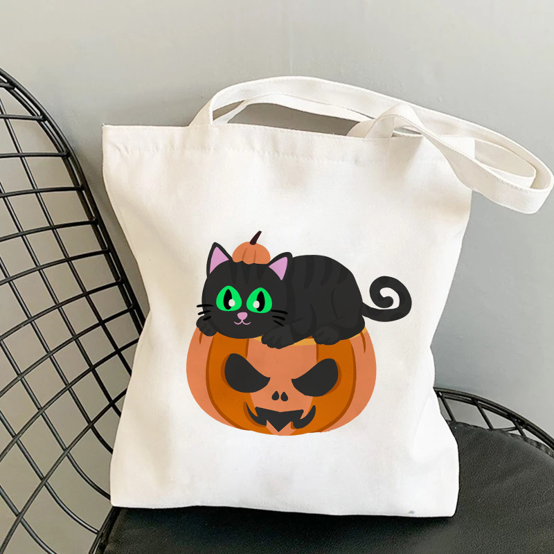 Streetwear Style Square Shape Halloween Unisex Canvas Animal Pumpkin Letter Streetwear Square Open Shoulder Bag Canvas Bag