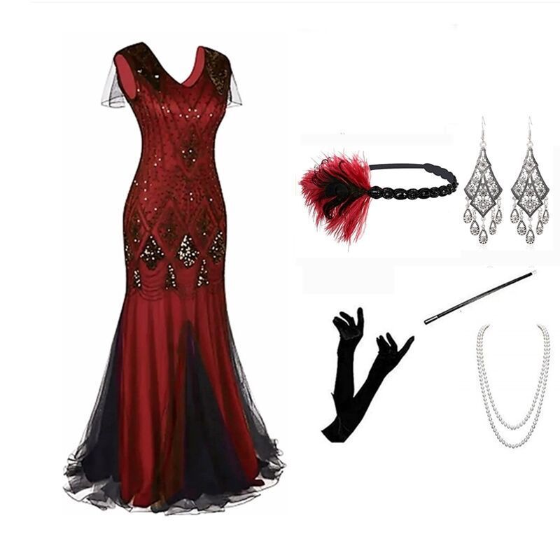 New 1920s Gatsby ball long sequin host evening dress retro V-collar fish tail fall ground dress