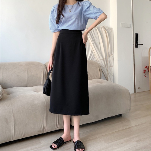 2025 new summer temperament black high waist dress large size A-line skirt slimming fashionable medium long skirt high waist