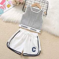 Girls striped vest suit summer thin casual short style internet celebrity fashionable children's wear sports shorts two-piece set