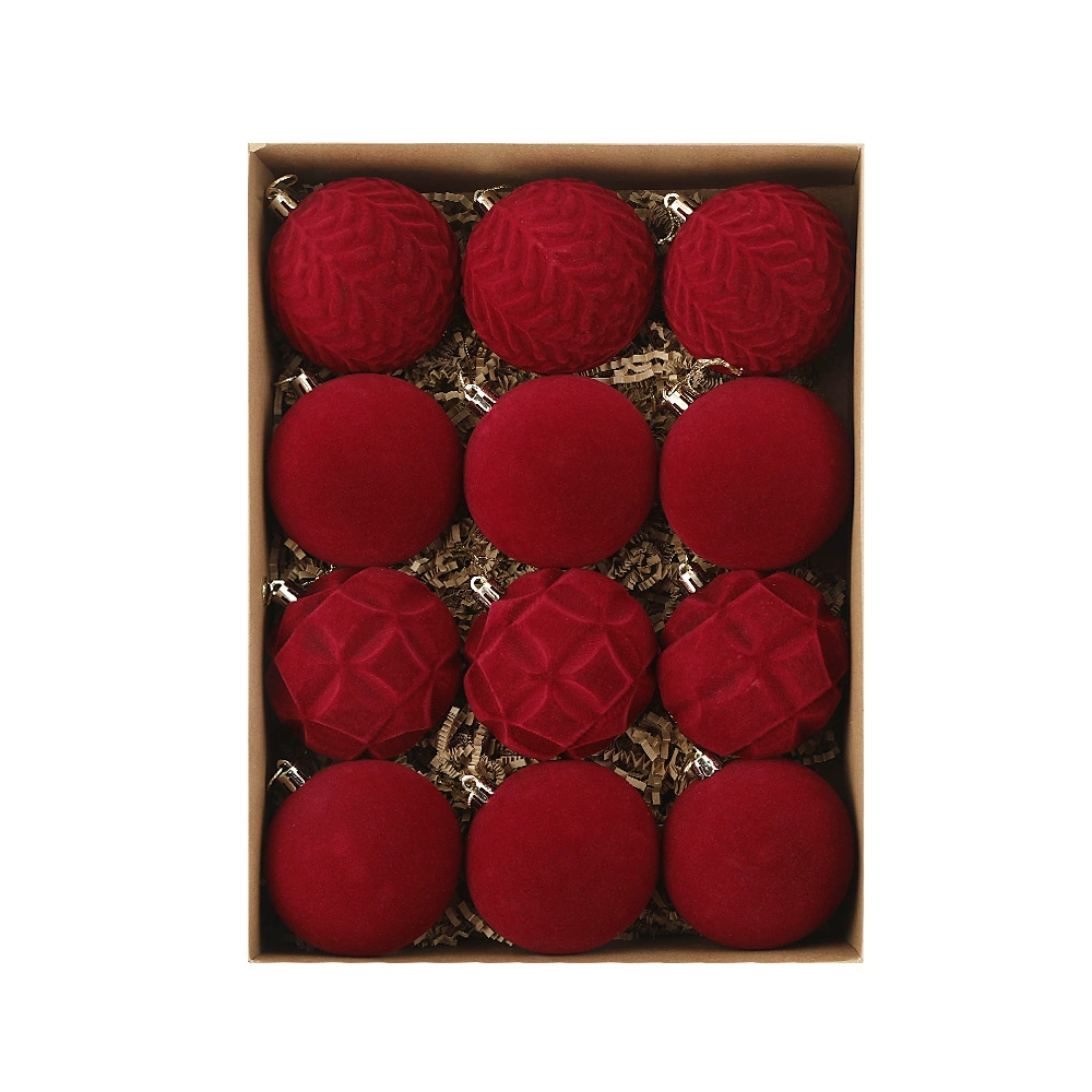 Chenlin new velvet ball flocked Christmas tree pendant burgundy dark green Christmas decoration 8cm/12PCS Christmas ball