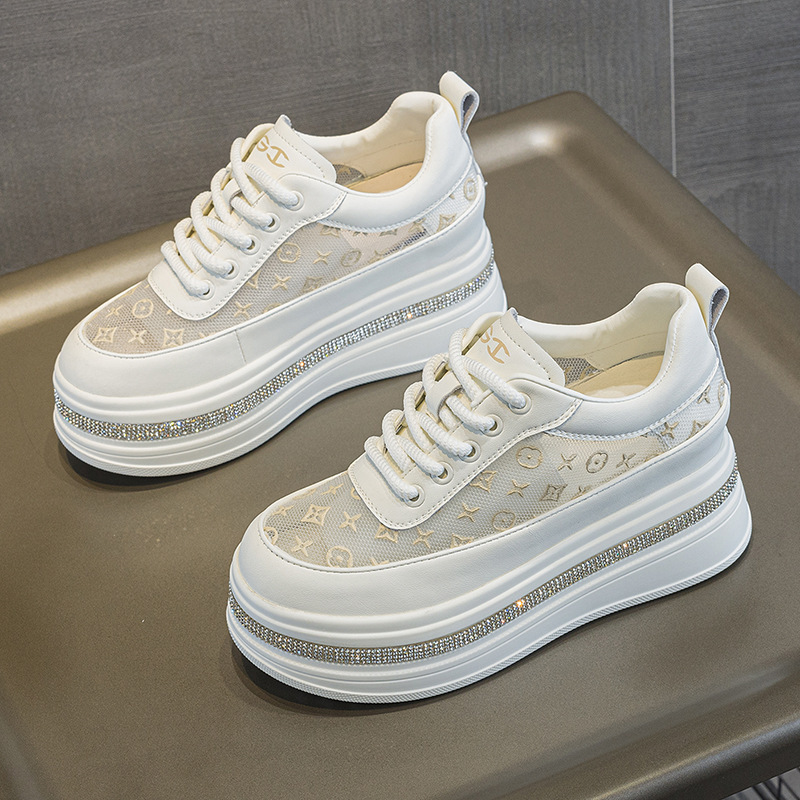 Summer New Style Thick-Soled Platform Shoes with 7cm Hidden Height Increase, Embroidered Breathable Mesh Casual Sneakers with Floral Rhinestones, White Shoes Summer New Style Thick-Soled Platform Shoes with 7cm Hidden Height Increase, Embroidered Breathable Mesh Casual Sneakers with Floral Rhinestones, White Shoes