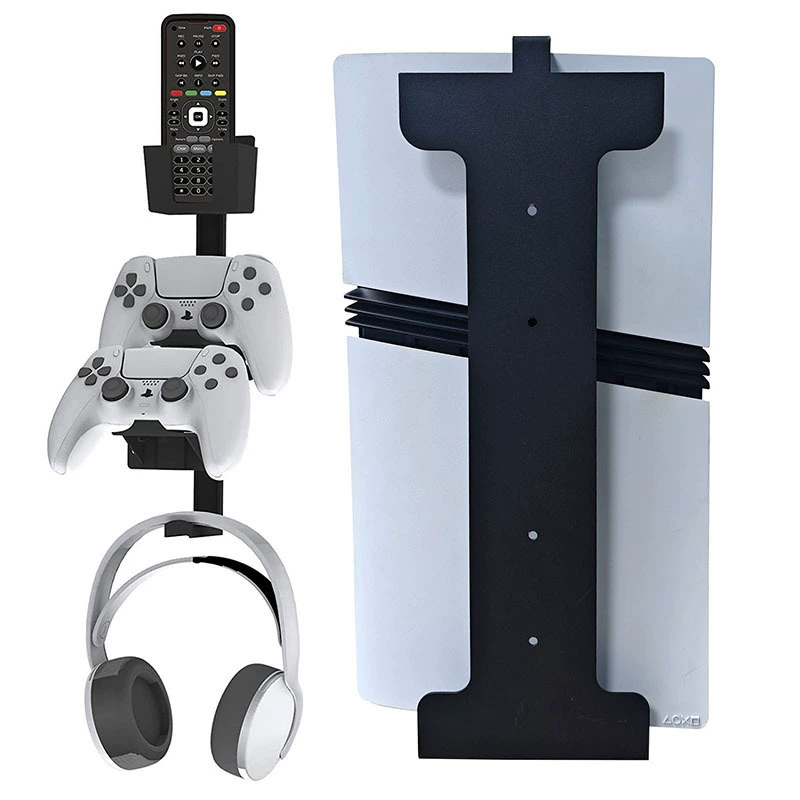Настенная стойка для PS5 — вертикальный кронштейн с крючками для контроллера и гарнитуры, черный