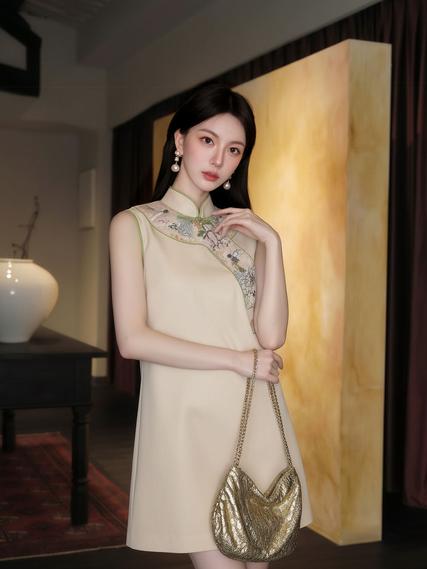 Đầm suông nữ midi phong cách quốc phong, tay không, thêu họa tiết — màu mơ