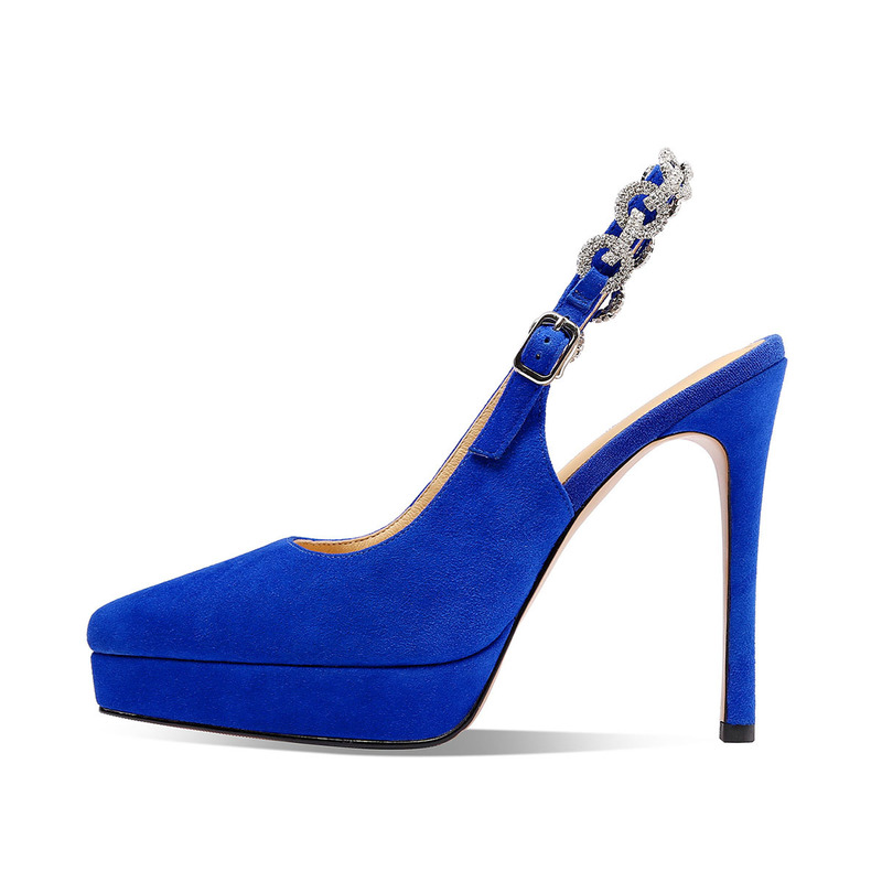 Summer Blue Sheep Suede Thick-Soled Rhinestone Chain Banquet Shoes Pointed Toe Shallow Mouth Back Strap Stiletto Heel Toe Sandals