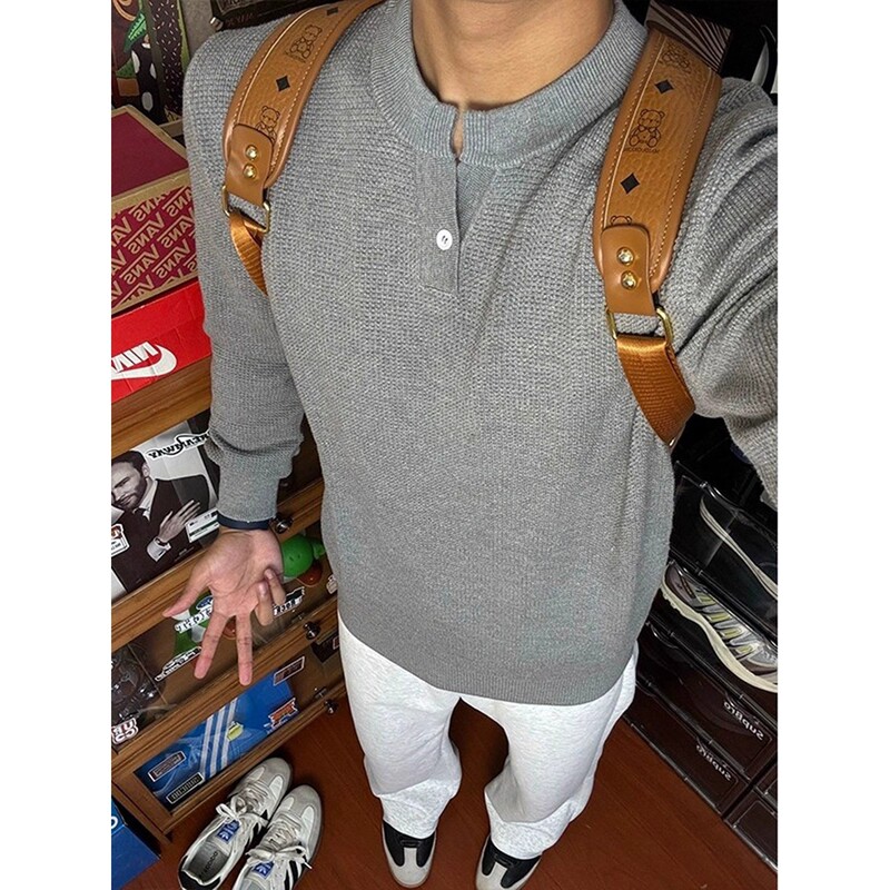 Gray Henry Collar Right Shoulder Knitwear Men's Autum Retro Waffle Slim Knitwear Old Money Style Sports Top