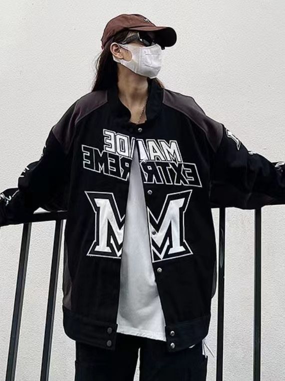 American retro Street High Street Heavy Industry Racing motocicleta chaqueta retro color matching letters hombres y mujeres de la moda nacional chaqueta suelta