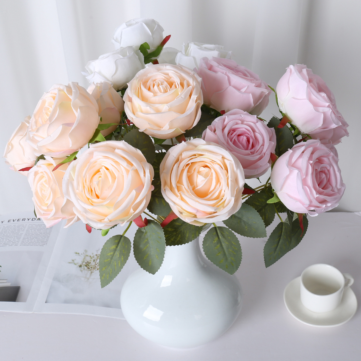 Simulación de 7 flores falsas de rosa princesa escritorio sala de estar DIY decoración de la habitación de bodas de mano accesorios de fotografía de flores