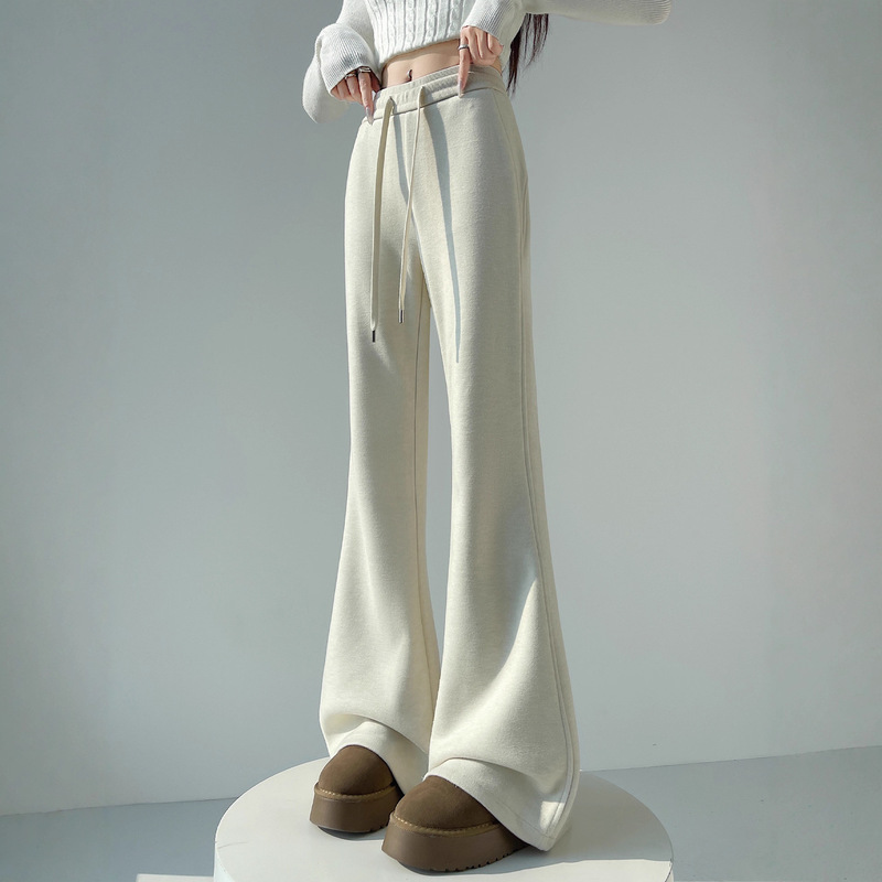 Off-White Flared Sweatpants for Women, Autumn and Winter, Drapey Narrow Wide-Leg Bell-Bottom Pants, Sports Pants