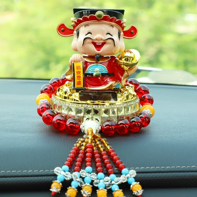 Shaking God of Wealth Ornaments Car: Car ornaments - solar-powered-god-of-wealth-yellow-diamond-southern-road-god-of-wealth-red-crystal-gear-beads