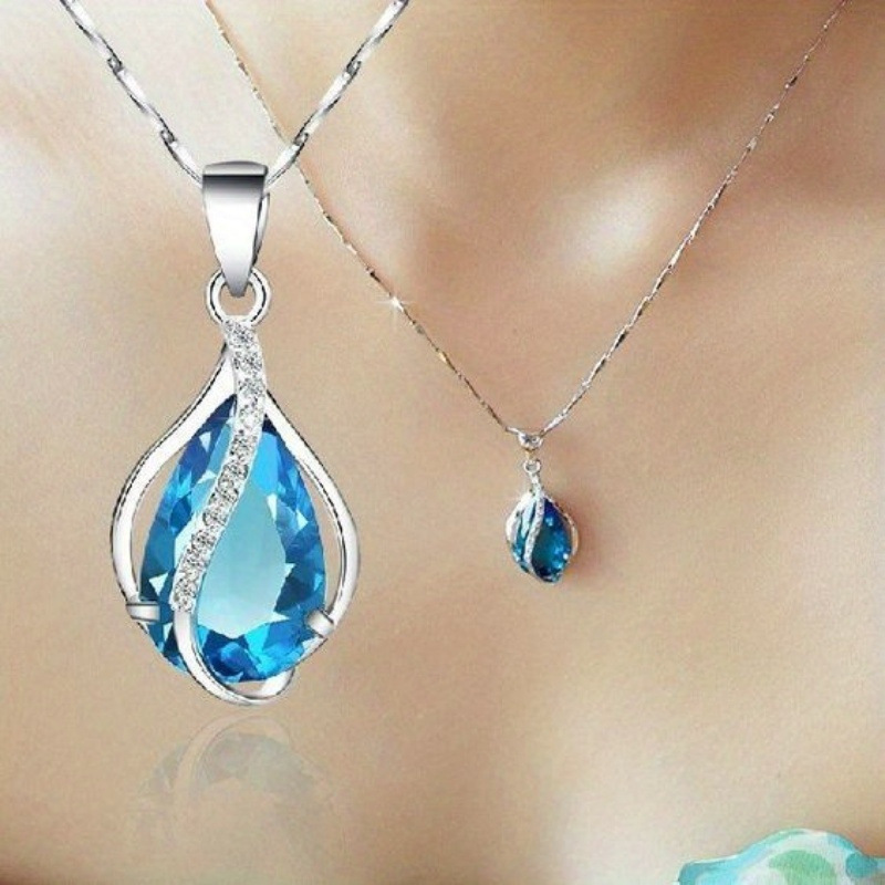 TEMU cross-border new hot blue crystal women's necklace angel tears drop pendant factory direct sales