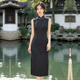 一件代发新中式改良旗袍连衣裙女无袖收腰显瘦气质黑格纹中长裙女
