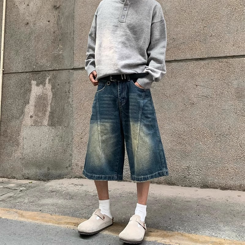 American Style Retro Cropped Jeans Men's 2025 Summer New Fashionable Washed Loose Straight Wide Leg Casual Shorts