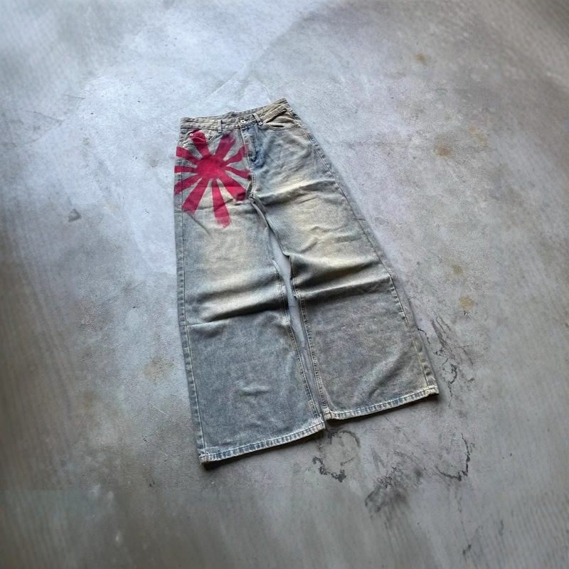 European and American Retro Printed Jeans for Men Y2K High Street Washed Distressed Design Straight Pants Versatile Floor-Length Pants Trendy European and American Retro Printed Jeans for Men Y2K High Street Washed Distressed Design Straight Pants Versatile Floor-Length Pants Trendy