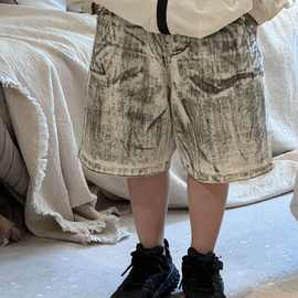 24夏新款中小童男童韩国童装宽松休闲个性做旧脏染白色牛仔裤短裤