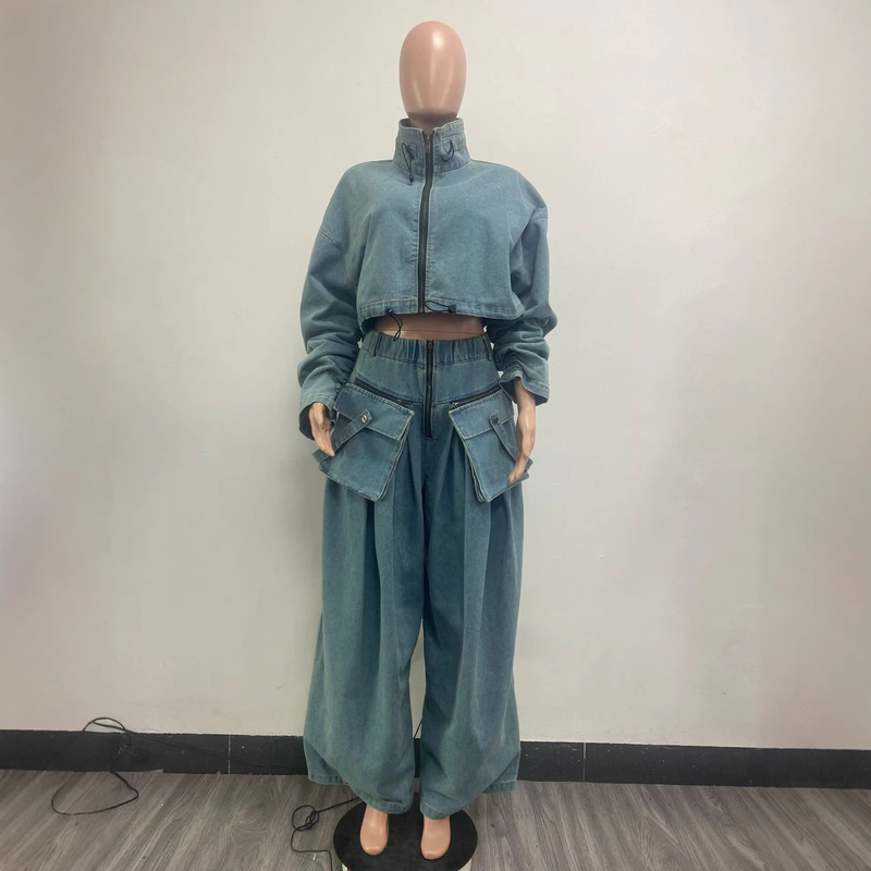 European and American Fashion Retro Short Jacket and Long Pants Workwear Wide-Leg Loose Heavy-Duty Denim Two-Piece Set for Women European and American Fashion Retro Short Jacket and Long Pants Workwear Wide-Leg Loose Heavy-Duty Denim Two-Piece Set for Women