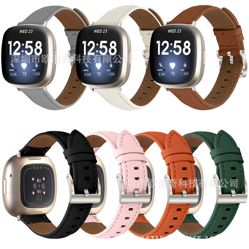 Suitable for Fitbit Versa3/Sense2 Leather Strap Sense/Versa4 Pebbled Leather Wristband with Pointed Tail