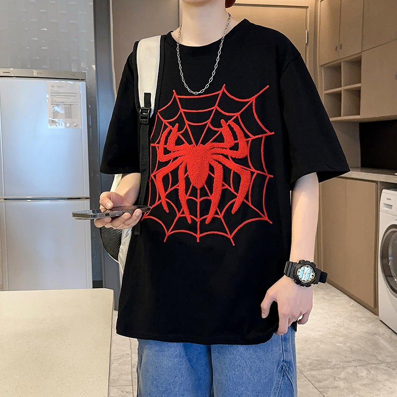 2024 summer fashion T-shirt men's fashion spider man embroidery printing retro half sleeve 220g cotton short sleeve