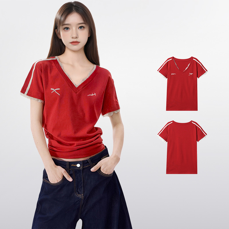 American-style Red V-neck Lace Shoulder Short-sleeved T-shirt Women's Summer and Summer 2025 Sports Half-sleeved T-shirt Dopamine Top