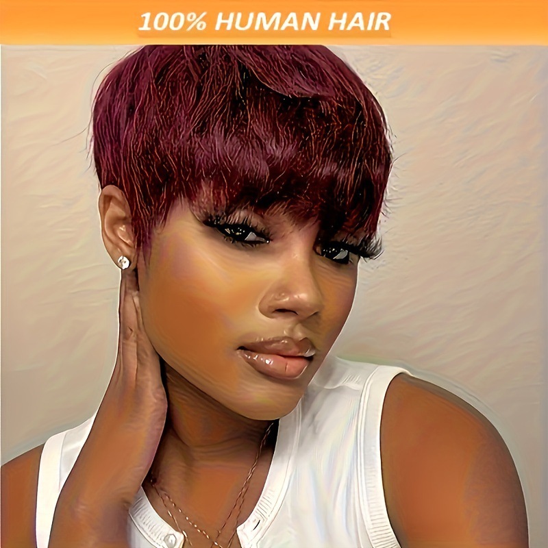 Women 6Inch Pixie Cut Wig with Bangs 99J wig 真人发humanhair|undefined
