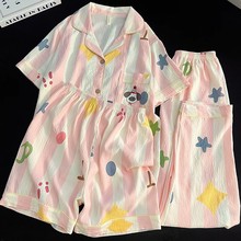 日系撞色条纹睡衣女纯棉纱布短袖可爱小狗三件套装夏天学生家居服