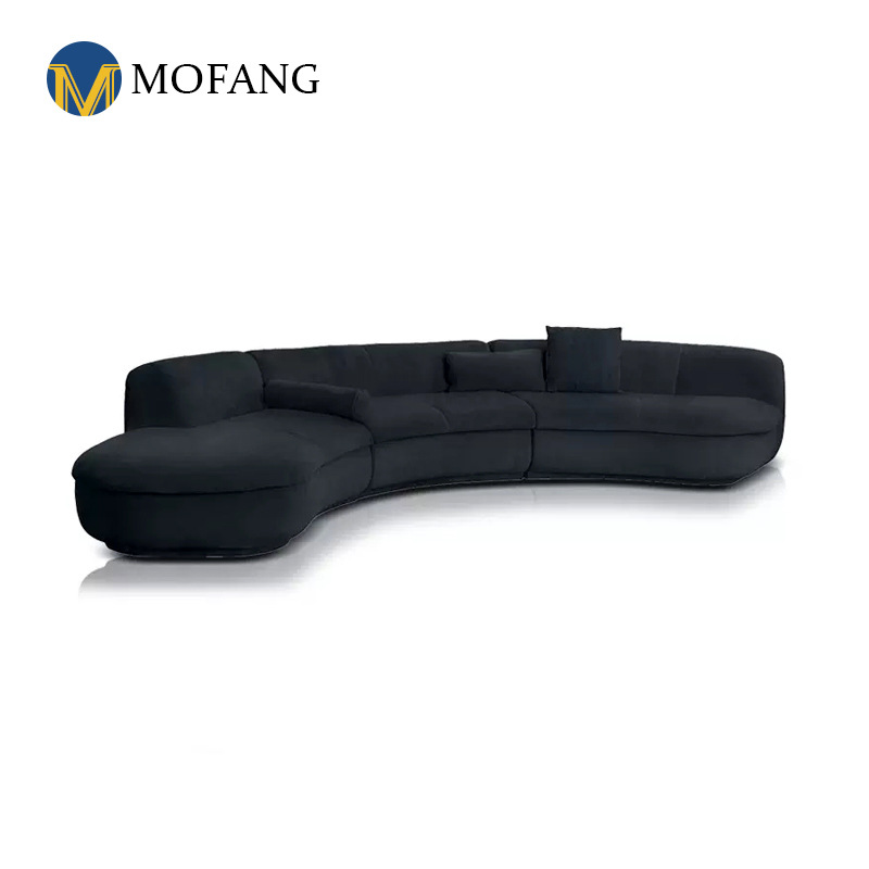 Italian-style medium sand leather sofa, minimalist modern living room, large flat space mansion, curved corner sofa