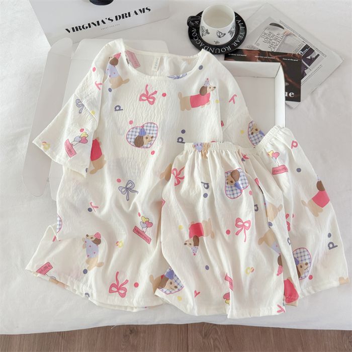 Venta al por mayor transfronteriza de pijamas vietnamitas verano femenino dibujos animados coreanos dulce y lindo estudiante estampado cuello redondo nube algodón estilo ins