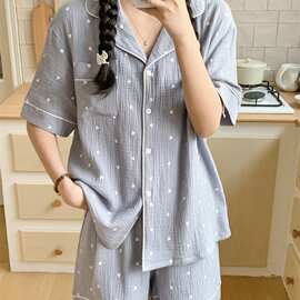 源头工厂夏季睡衣女 蓝爱心棉纱翻领家居服短袖短裤套装