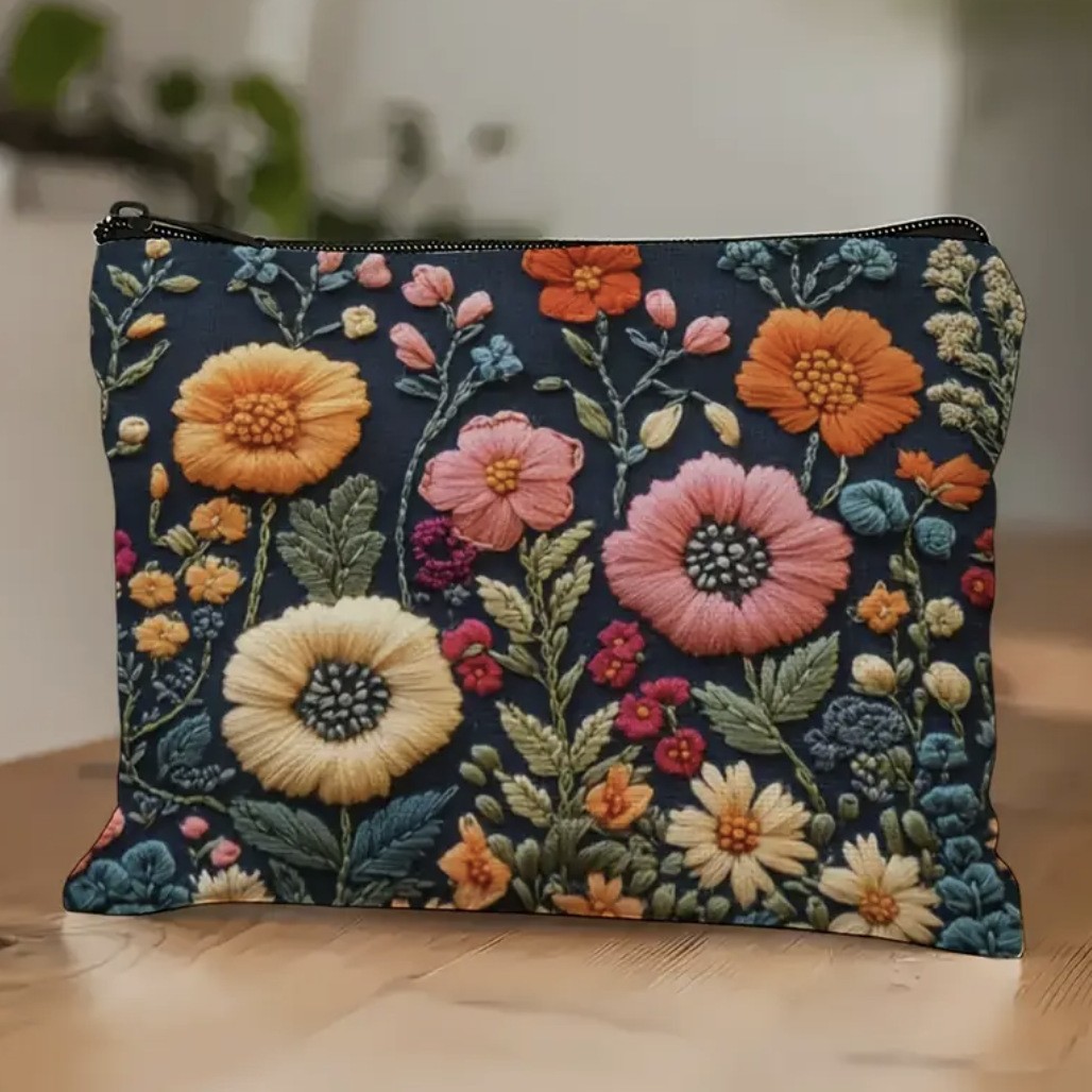 Amazon poliéster transfronterizo impresión digital 3D estereoscópica bordado floral decoración bolsa de maquillaje al por mayor comercio exterior