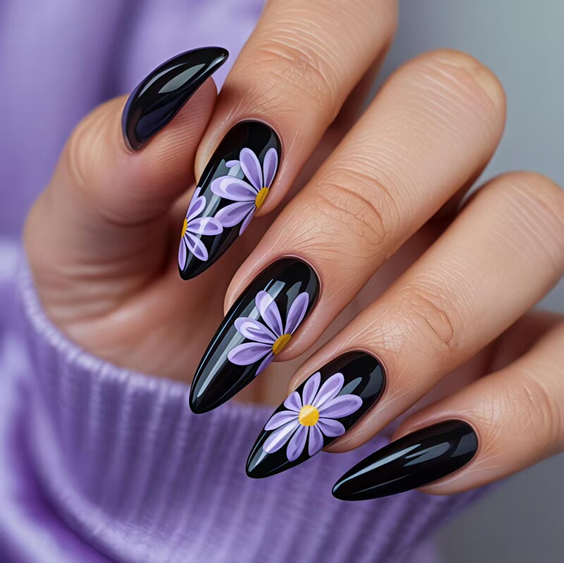 Cross-Border Hot-Selling Black and Purple Wearable Nail Art French Nail Tips Almond-Shaped Ins Flower High-End Fake Nails Cross-Border Hot-Selling Black and Purple Wearable Nail Art French Nail Tips Almond-Shaped Ins Flower High-End Fake Nails